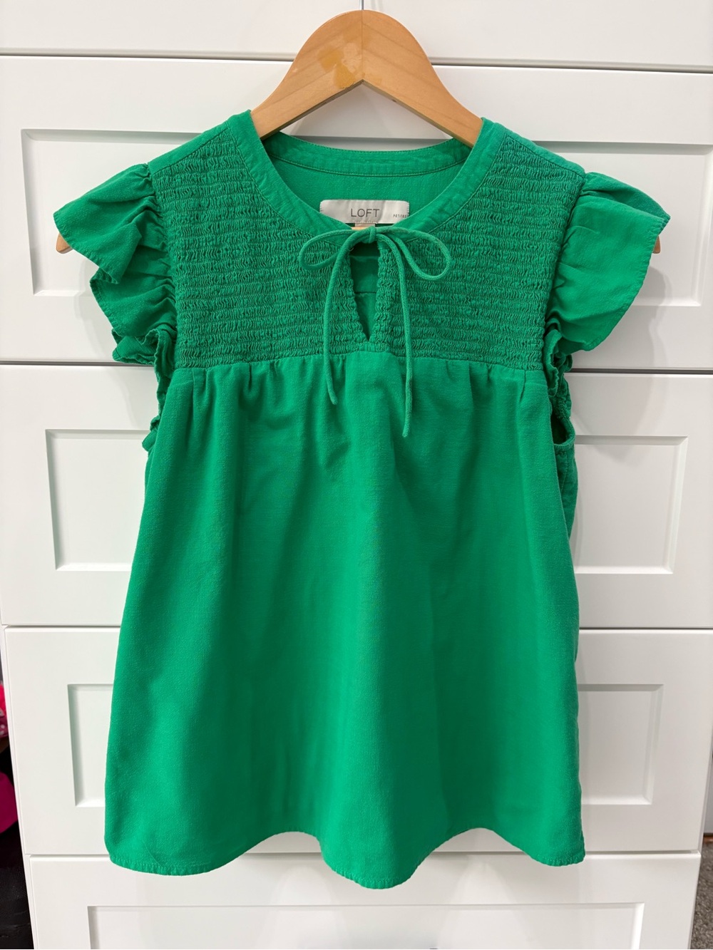 LOFT Green Smocked Flutter-Sleeve Tie-Front Blouse